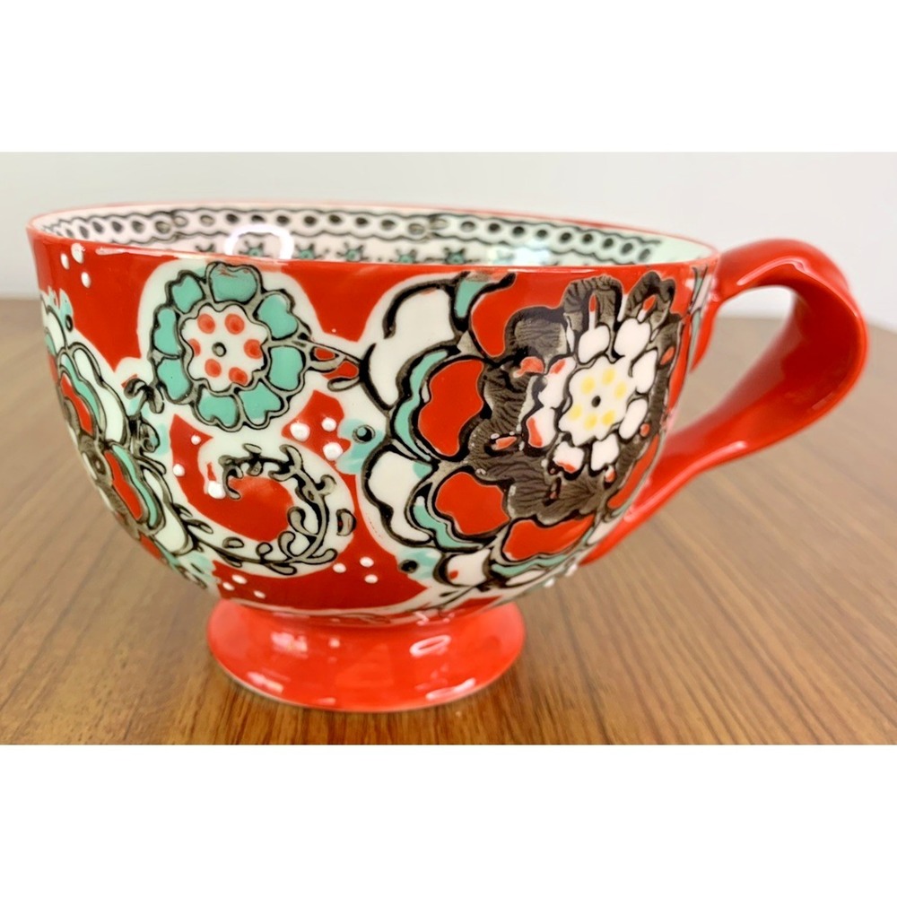 Anthropologie Ayaka Red Embossed Floral Twist Handle Footed Mug